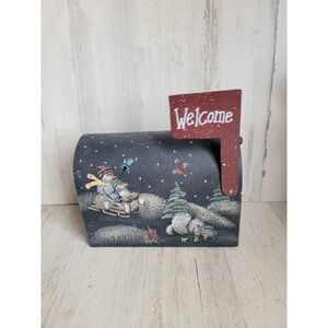 Rustic wooden snowman sledding mailbox scenic Xmas home decor